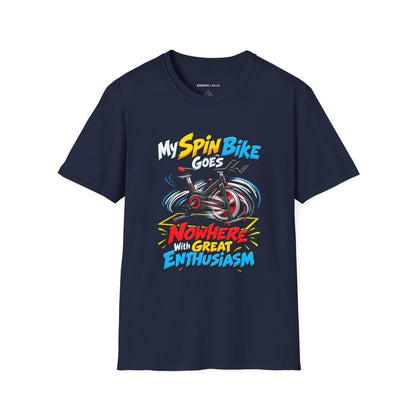 Graphic fitness T-shirt featuring the "My Spin Bike Goes Nowhere with Great Enthusiasm" design.