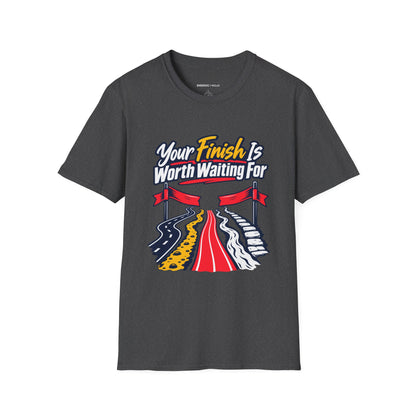 Graphic fitness T-shirt featuring the "Your Finish Is Worth Waiting For" design.