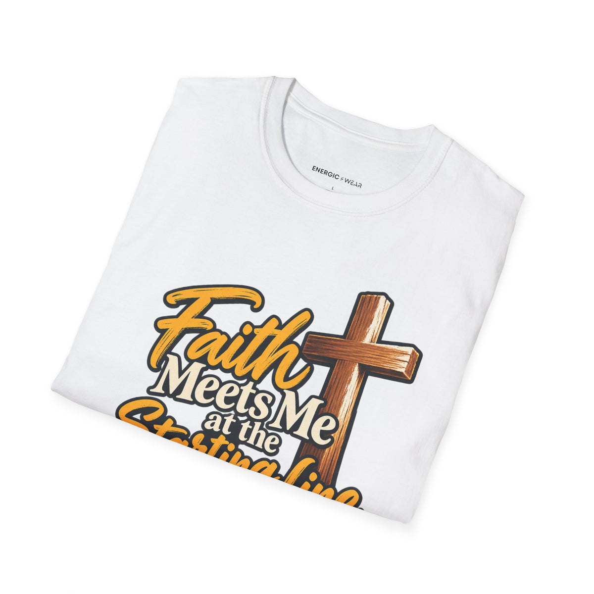 Graphic fitness T-shirt featuring the "Faith Meets Me at the Starting Line" design.