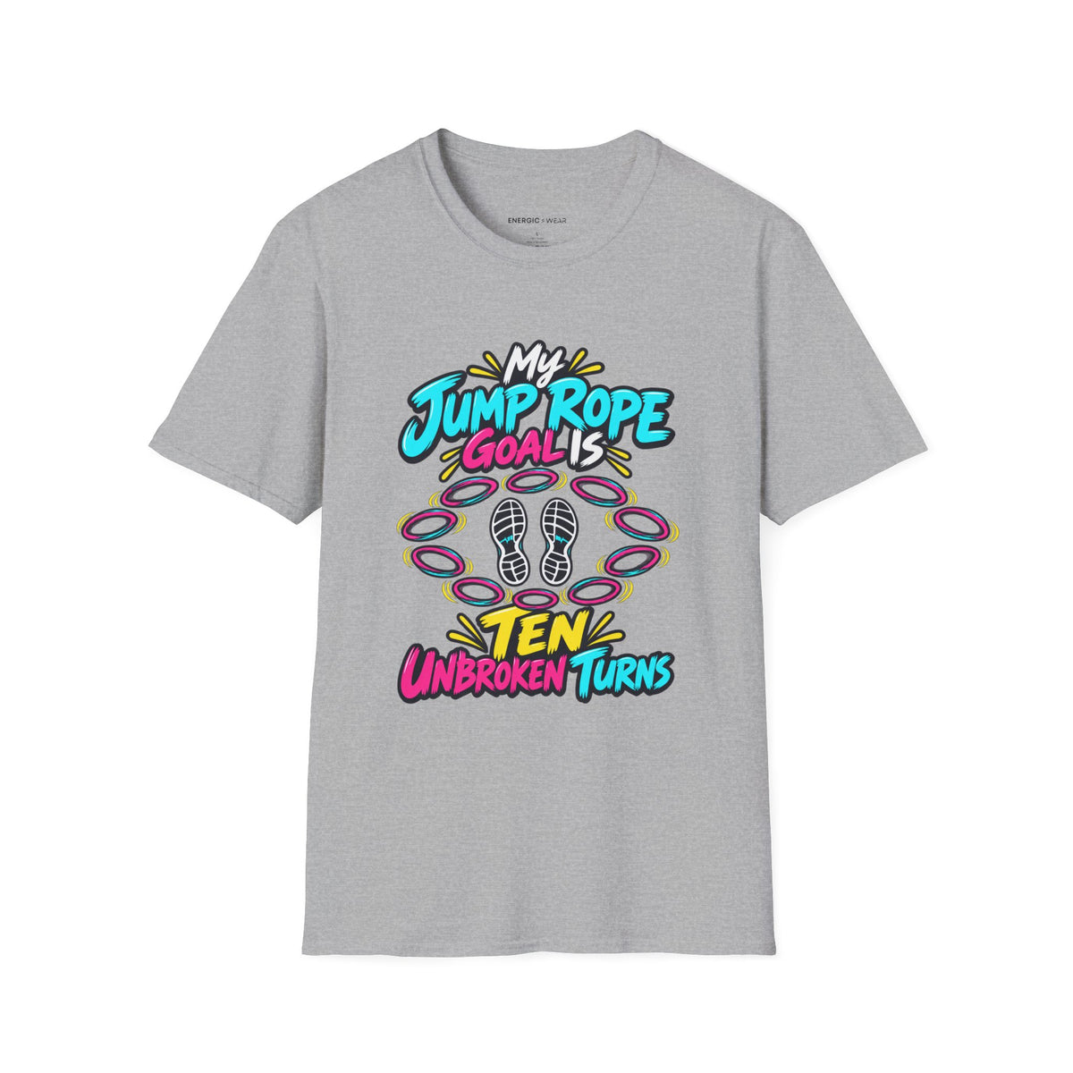 Graphic fitness T-shirt featuring the "My Jump Rope Goal Is Ten Unbroken Turns" design.