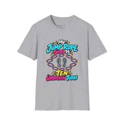 Graphic fitness T-shirt featuring the "My Jump Rope Goal Is Ten Unbroken Turns" design.