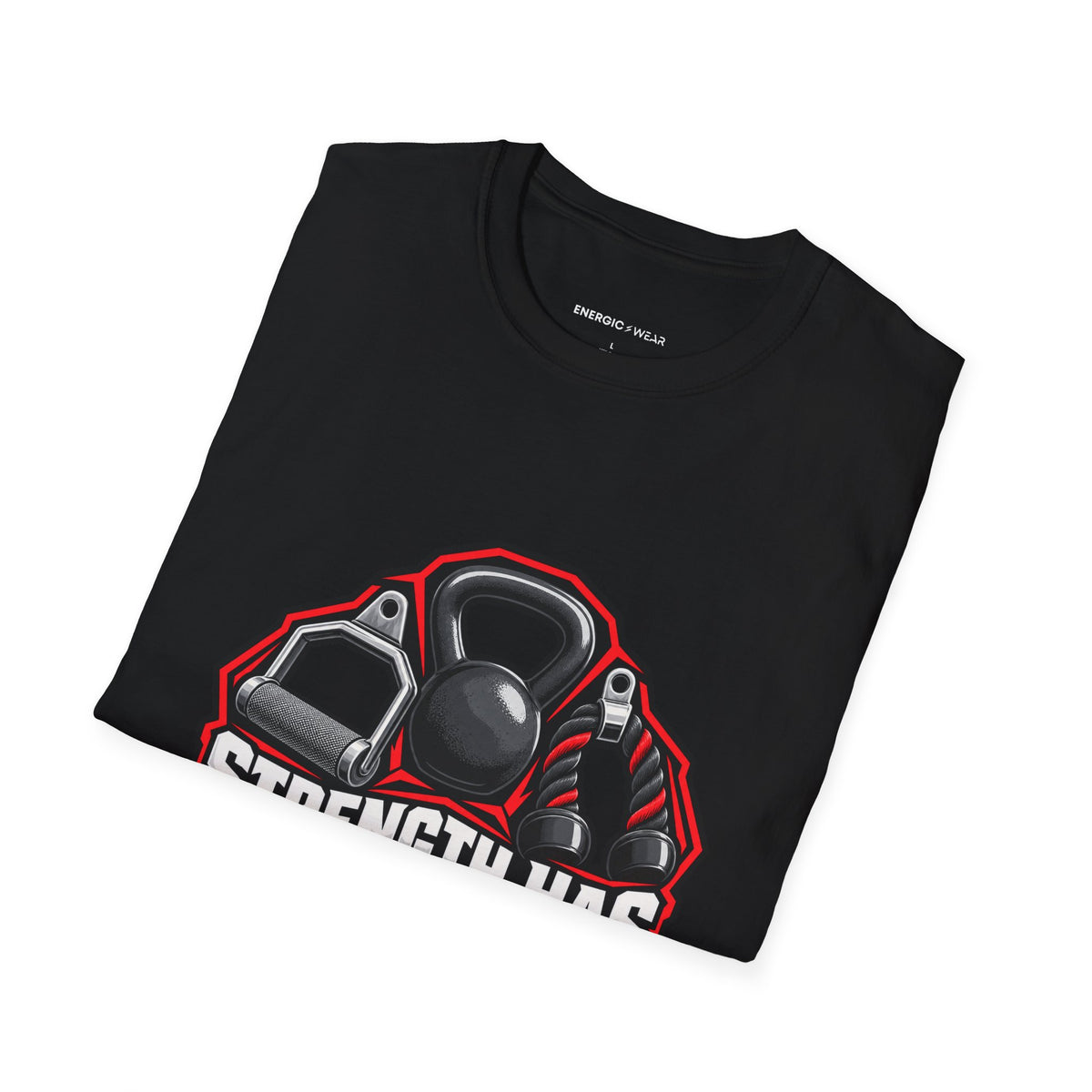 Graphic fitness T-shirt featuring the "Strength Has More Than One Grip" design.