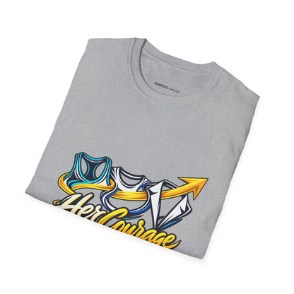 Graphic fitness T-shirt featuring the "Her Courage Doesn t Have a Dress Code" design.