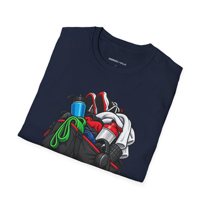 Graphic fitness T-shirt featuring the "I Need a Spotter for My Gym Bag" design.