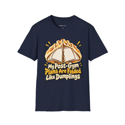 Graphic fitness T-shirt featuring the "My Post-Gym Plans Are Folded Like Dumplings" design.