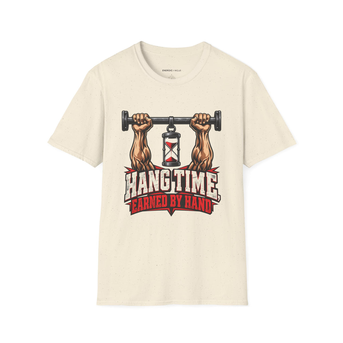 Graphic fitness T-shirt featuring the "Hang Time Earned by Hand" design.