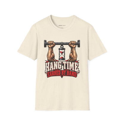 Graphic fitness T-shirt featuring the "Hang Time Earned by Hand" design.
