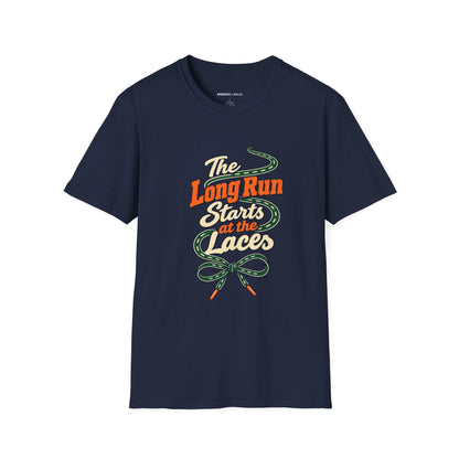Graphic fitness T-shirt featuring the "The Long Run Starts at the Laces" design.