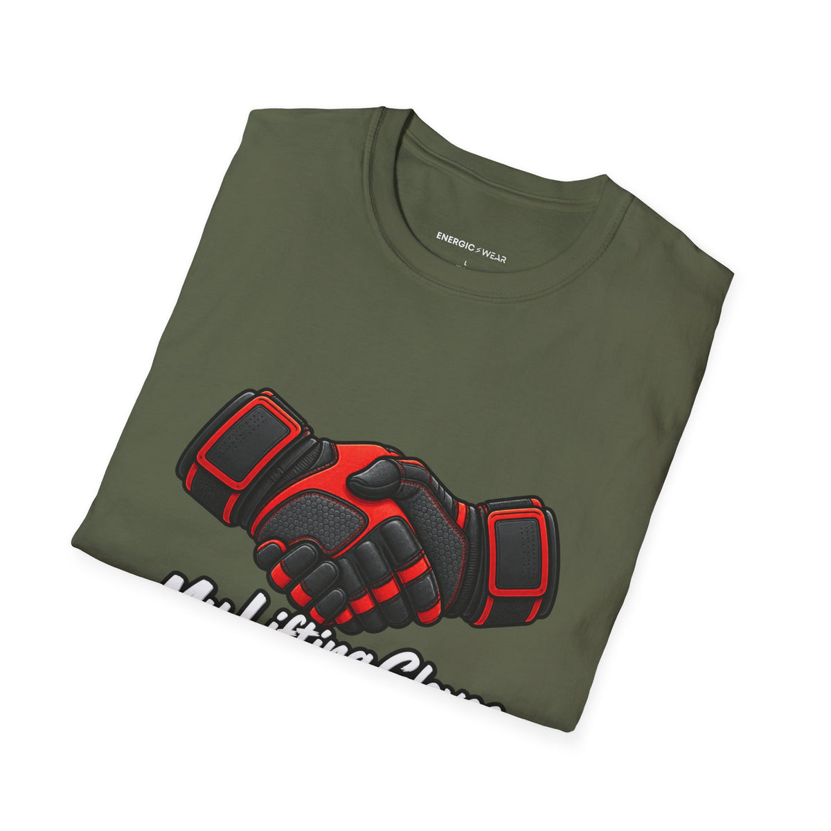Graphic fitness T-shirt featuring the "My Lifting Gloves Have a Firm Handshake" design.