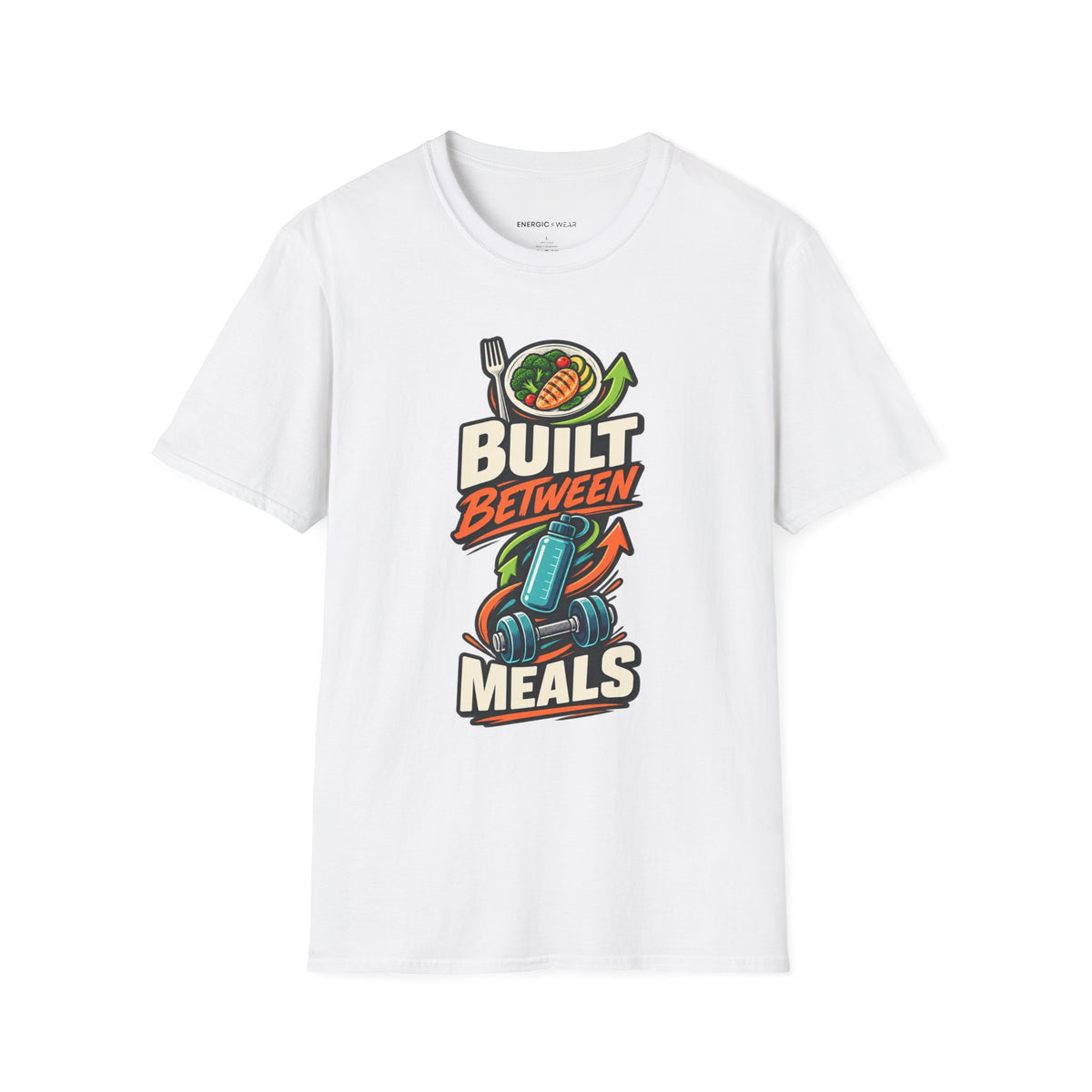 Graphic fitness T-shirt featuring the "Built Between Meals" design.