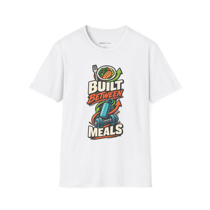 Graphic fitness T-shirt featuring the "Built Between Meals" design.