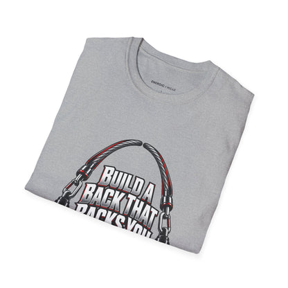 Graphic fitness T-shirt featuring the "Build a Back That Backs You" design.