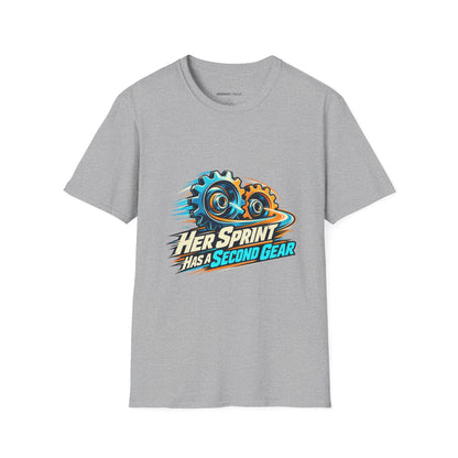 Graphic fitness T-shirt featuring the "Her Sprint Has a Second Gear" design.