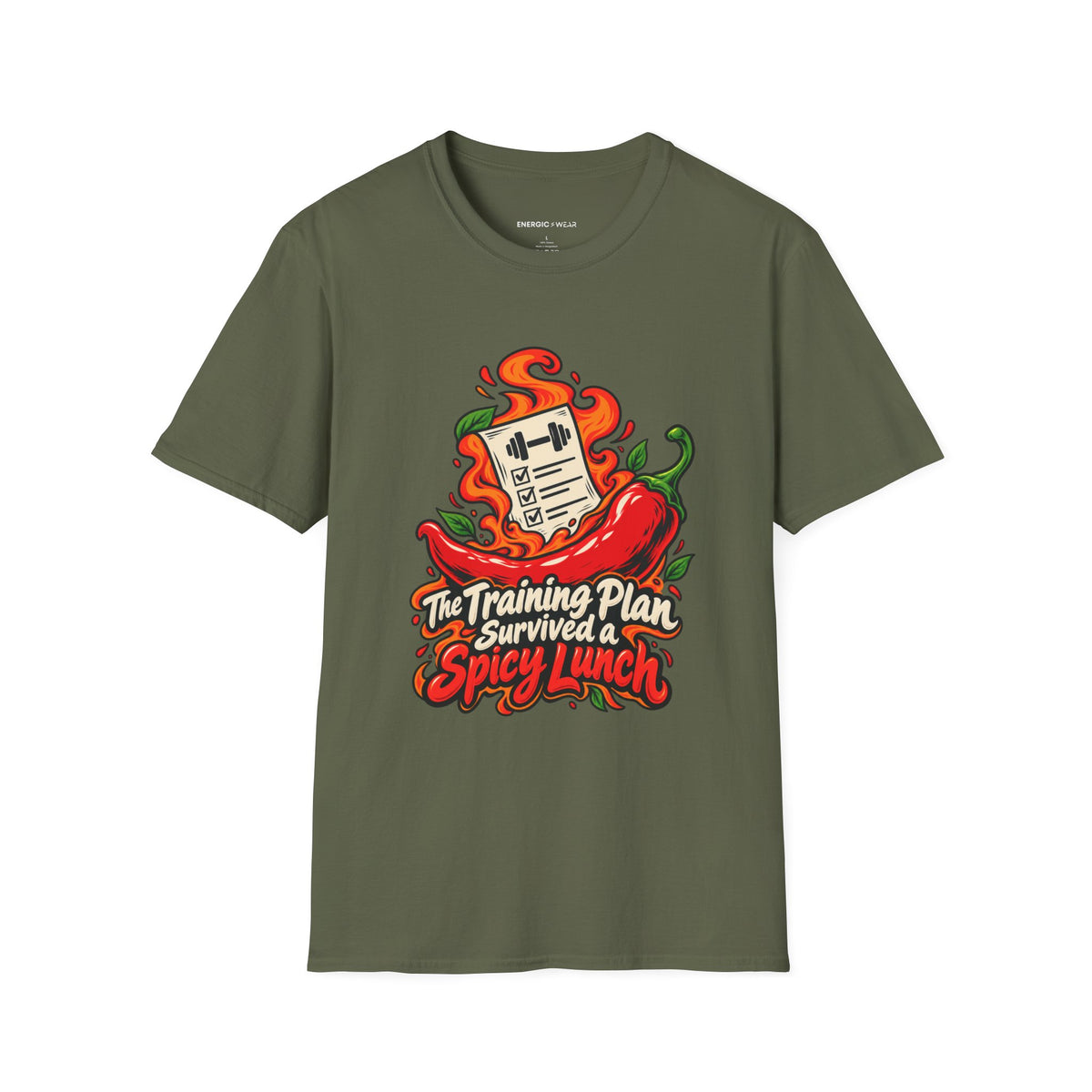 Graphic fitness T-shirt featuring the "The Training Plan Survived a Spicy Lunch" design.