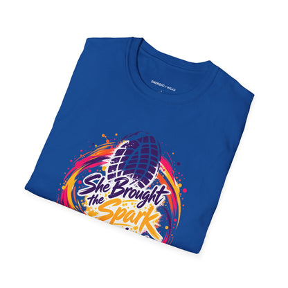 Graphic fitness T-shirt featuring the "She Brought the Spark to Class" design.