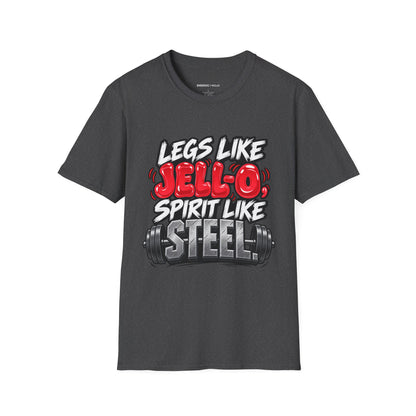 Graphic fitness T-shirt featuring the "Legs Like Jello, Spirit Like Steel" design.