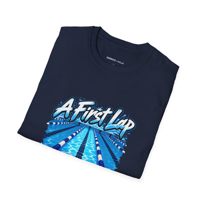 Graphic fitness T-shirt featuring the "A First Lap Is a Real Lap" design.