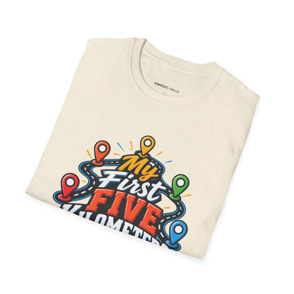 Graphic fitness T-shirt featuring the "My First Five Kilometers Are Personal" design.