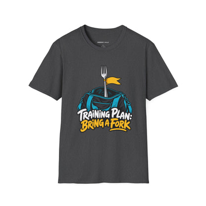 Graphic fitness T-shirt featuring the "Training Plan Bring a Fork" design.