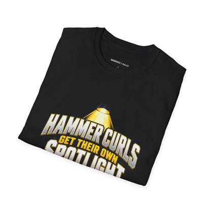 Graphic fitness T-shirt featuring the "Hammer Curls Get Their Own Spotlight" design.