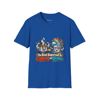 Graphic fitness T-shirt featuring the "The Real Superset Is Cooking and Dishes" design.