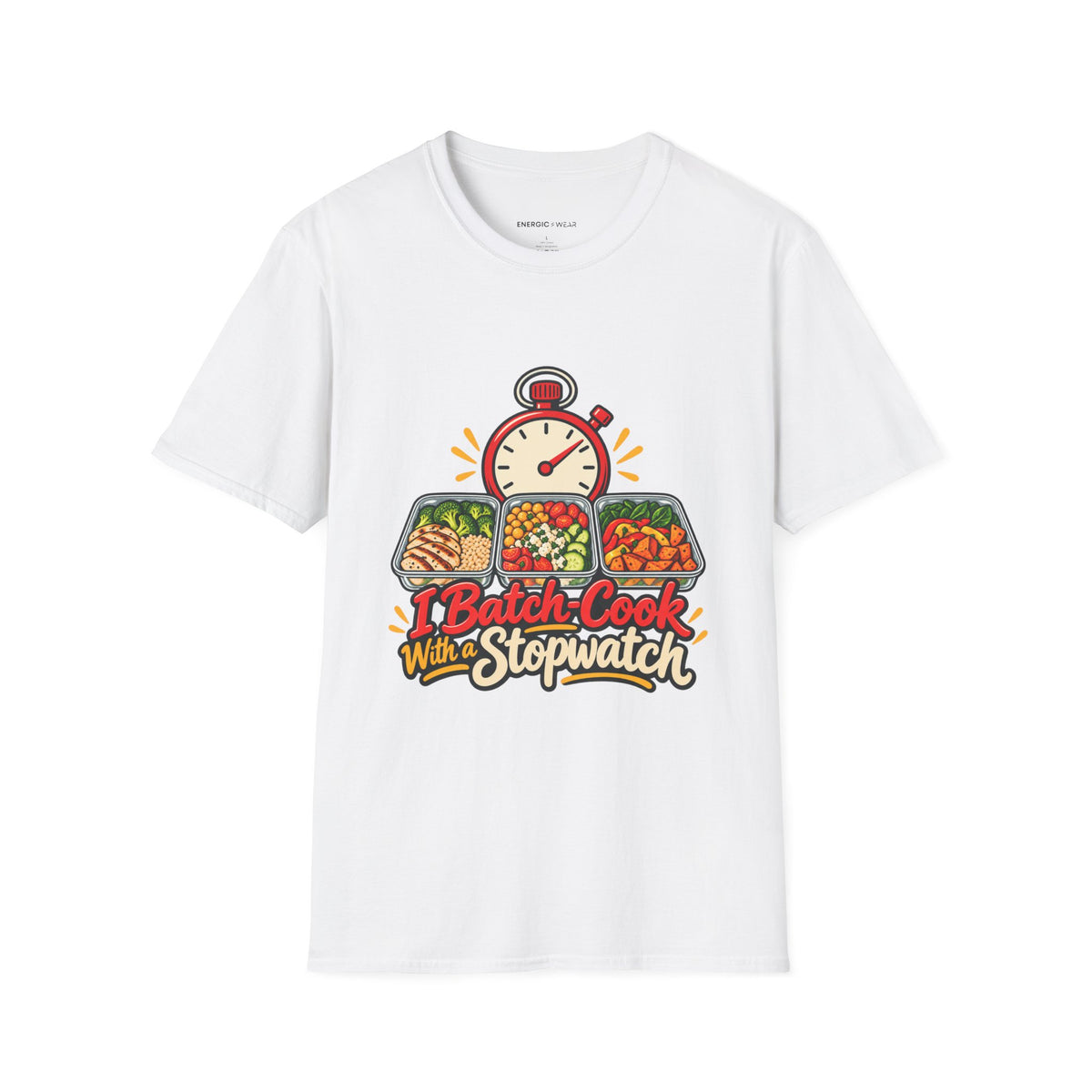 Graphic fitness T-shirt featuring the "I Batch-Cook with a Stopwatch" design.