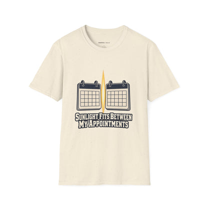 Graphic fitness T-shirt featuring the "Sunlight Fits Between My Appointments" design.