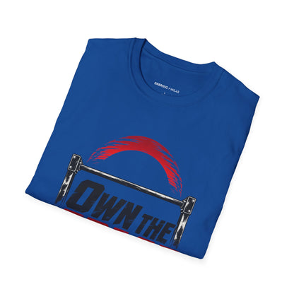 Graphic fitness T-shirt featuring the "Own the Space Above the Bar" design.