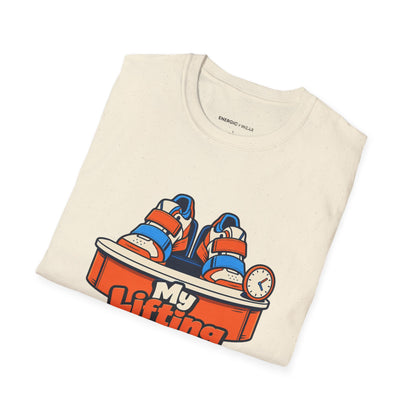 Graphic fitness T-shirt featuring the "My Lifting Shoes Have Office Hours" design.