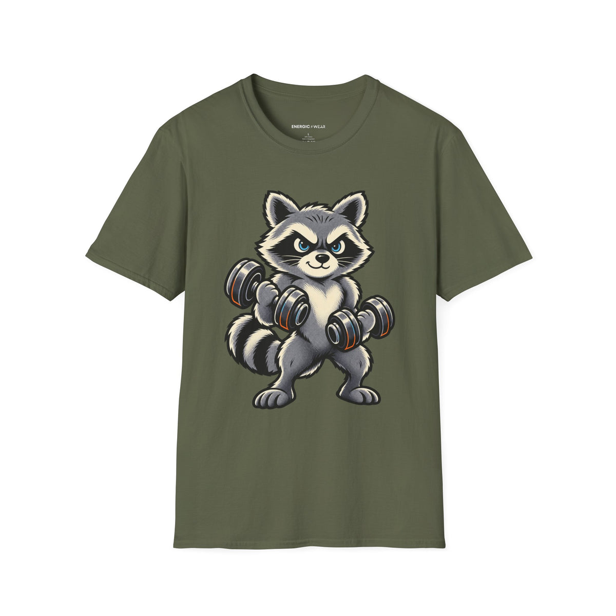 Graphic fitness T-shirt featuring the "Muscular Raccoon" design.
