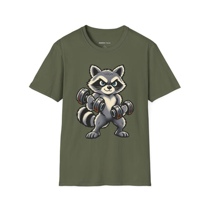 Graphic fitness T-shirt featuring the "Muscular Raccoon" design.