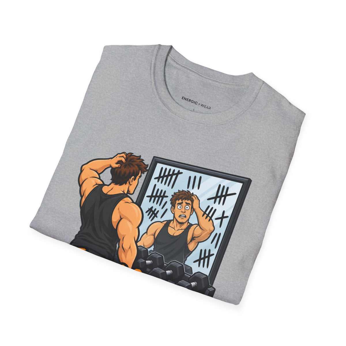 Graphic fitness T-shirt featuring the "The Mirror Caught Me Counting Wrong" design.