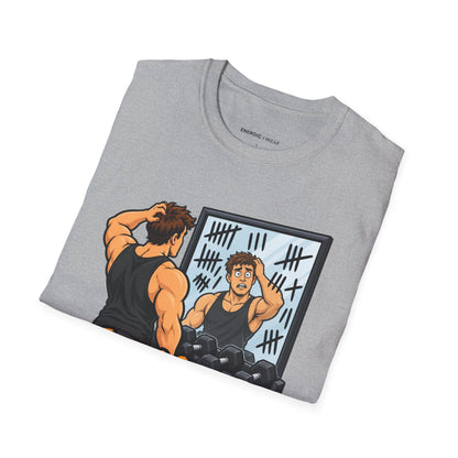 Graphic fitness T-shirt featuring the "The Mirror Caught Me Counting Wrong" design.