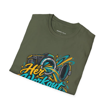 Graphic fitness T-shirt featuring the "Her Workout Doesn't Need a Before Photo" design.