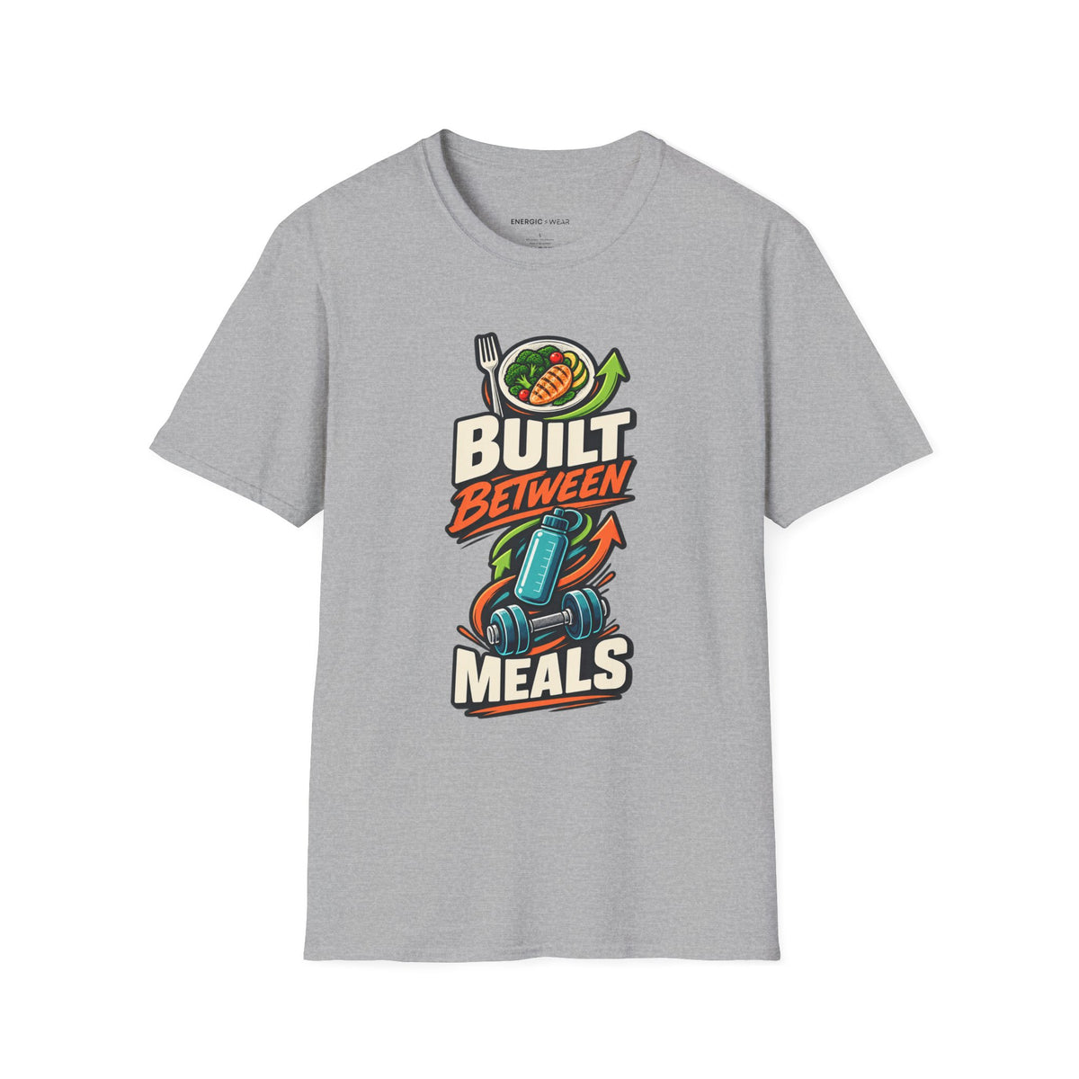 Graphic fitness T-shirt featuring the "Built Between Meals" design.