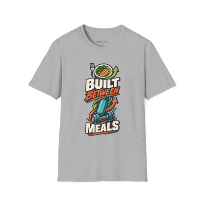 Graphic fitness T-shirt featuring the "Built Between Meals" design.
