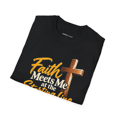 Graphic fitness T-shirt featuring the "Faith Meets Me at the Starting Line" design.