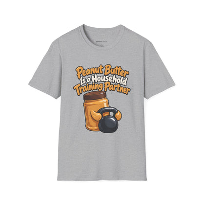 Graphic fitness T-shirt featuring the "Peanut Butter Is a Household Training Partner" design.
