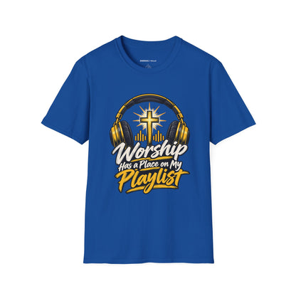 Graphic fitness T-shirt featuring the "Worship Has a Place on My Playlist" design.