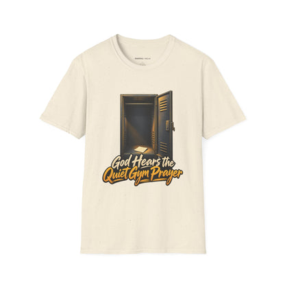 Graphic fitness T-shirt featuring the "God Hears the Quiet Gym Prayer" design.