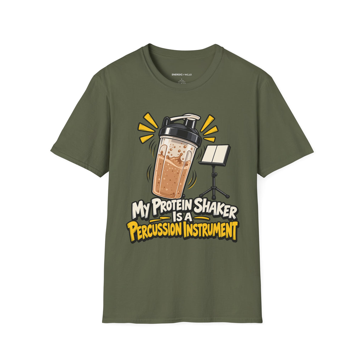 Graphic fitness T-shirt featuring the "My Protein Shaker Is a Percussion Instrument" design.