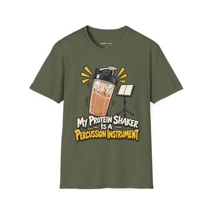 Graphic fitness T-shirt featuring the "My Protein Shaker Is a Percussion Instrument" design.