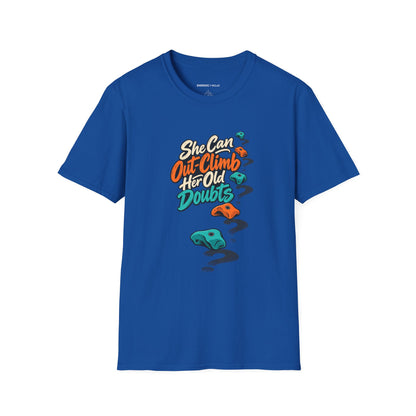 Graphic fitness T-shirt featuring the "She Can Out-Climb Her Old Doubts" design.