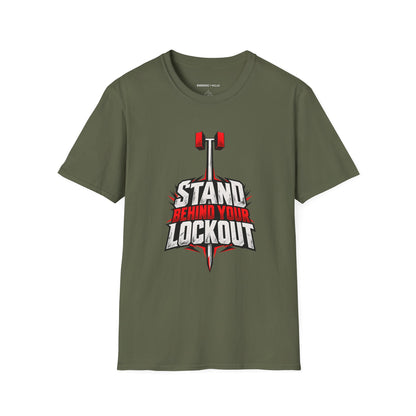 Graphic fitness T-shirt featuring the "Stand Behind Your Lockout" design.
