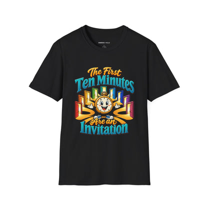 Graphic fitness T-shirt featuring the "The First Ten Minutes Are an Invitation" design.