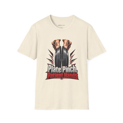 Graphic fitness T-shirt featuring the "Plate Pinch, Patient Hands" design.