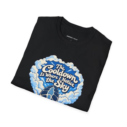 Graphic fitness T-shirt featuring the "The Cooldown Is Where I Notice the Sky" design.