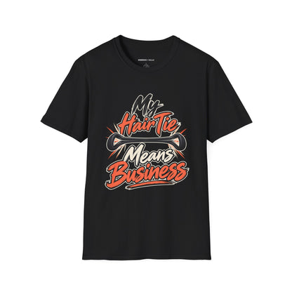 Graphic fitness T-shirt featuring the "My Hair Tie Means Business" design.