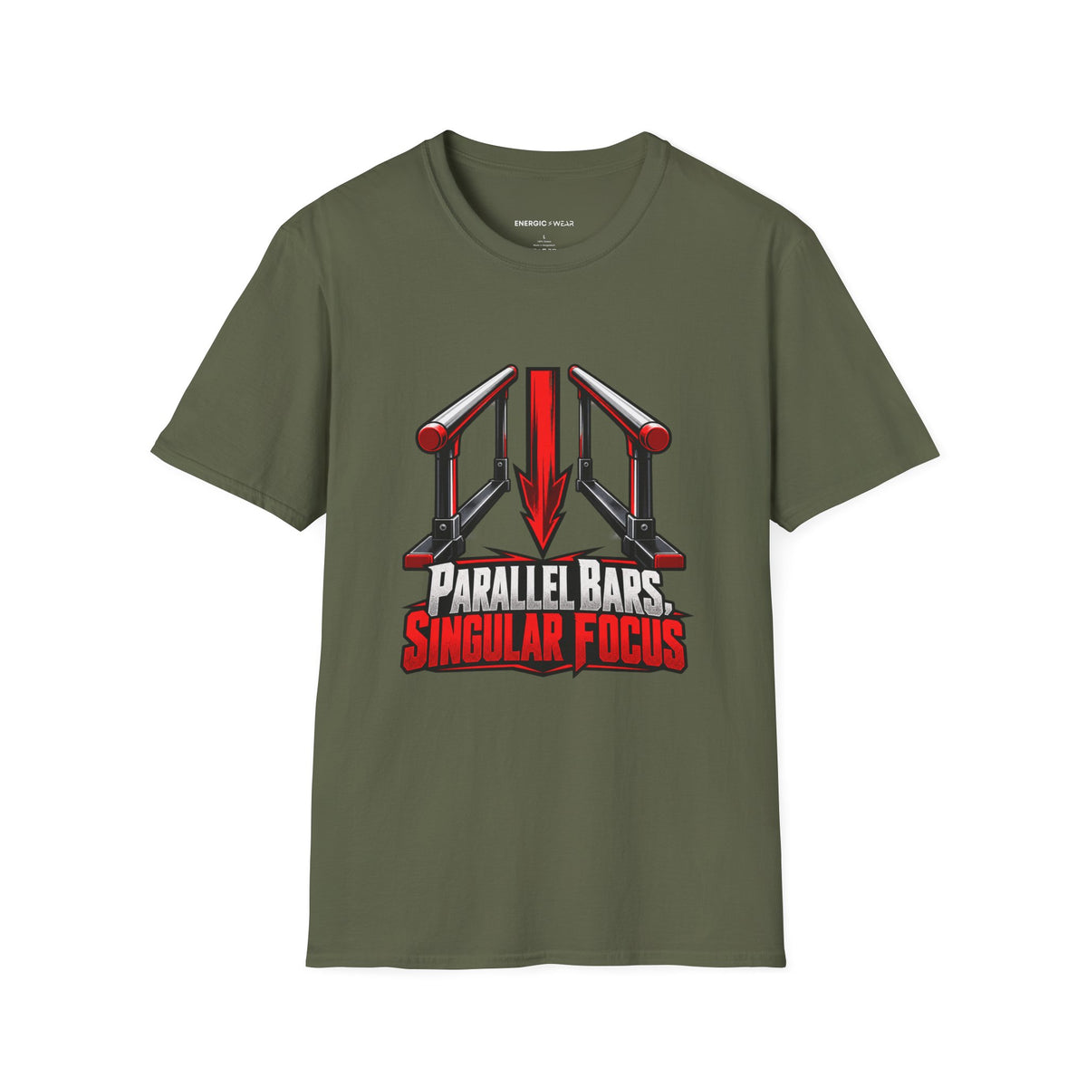 Graphic fitness T-shirt featuring the "Parallel Bars Singular Focus" design.