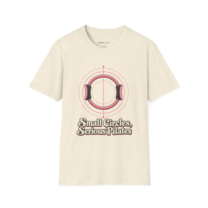 Graphic fitness T-shirt featuring the "Small Circles Serious Pilates" design.